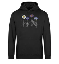 Lade das Bild in den Galerie-Viewer, Findest du die Alpenblumen auch so schön? Dann ist das dein Hoodie für das nächste Bergabenteuer und Blumenverliebte.
